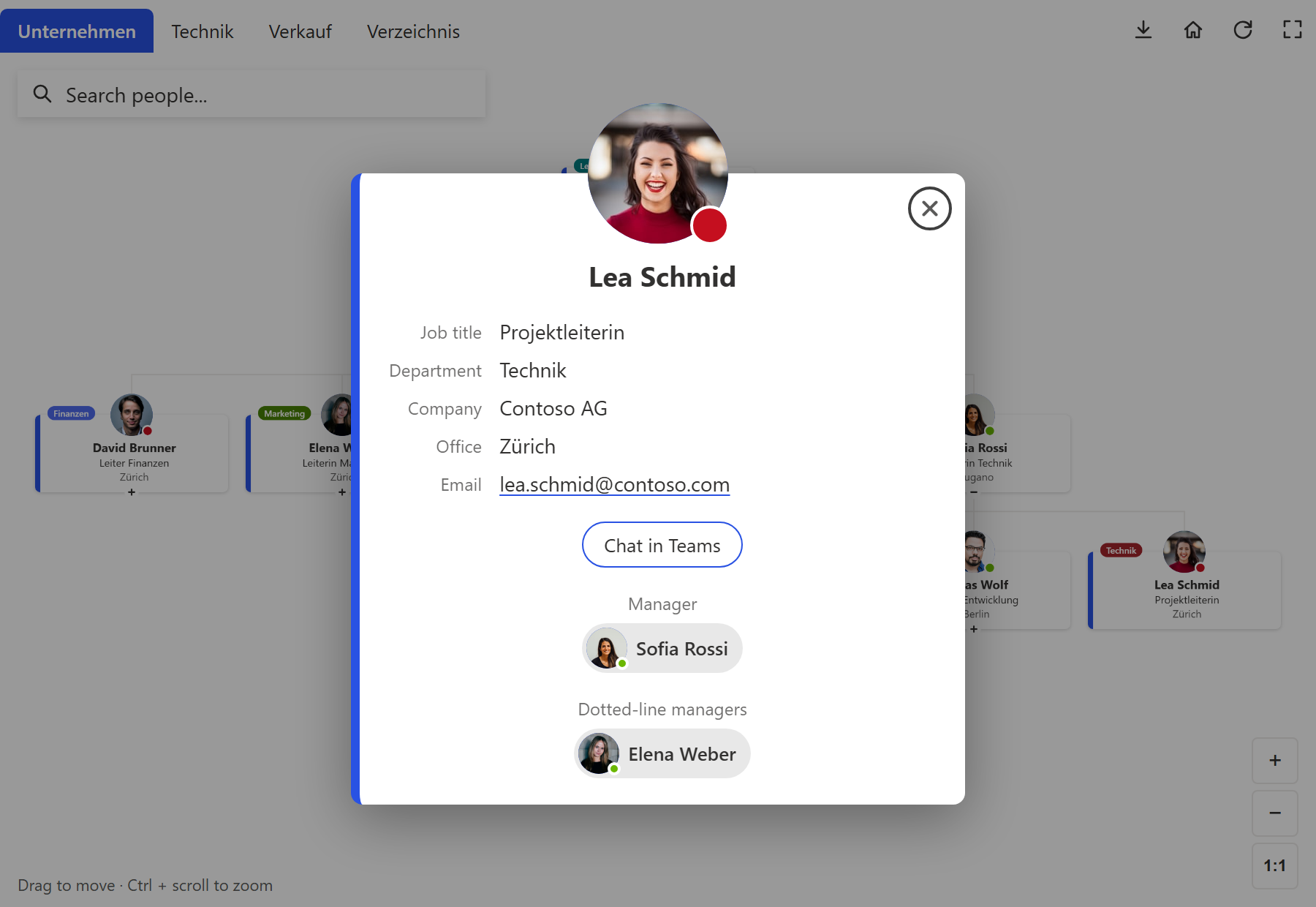 Detailfenster einer mitarbeitenden Person mit Funktion, Abteilung, Standort, E-Mail, vorgesetzter Person und Dotted-Line-Vorgesetzter