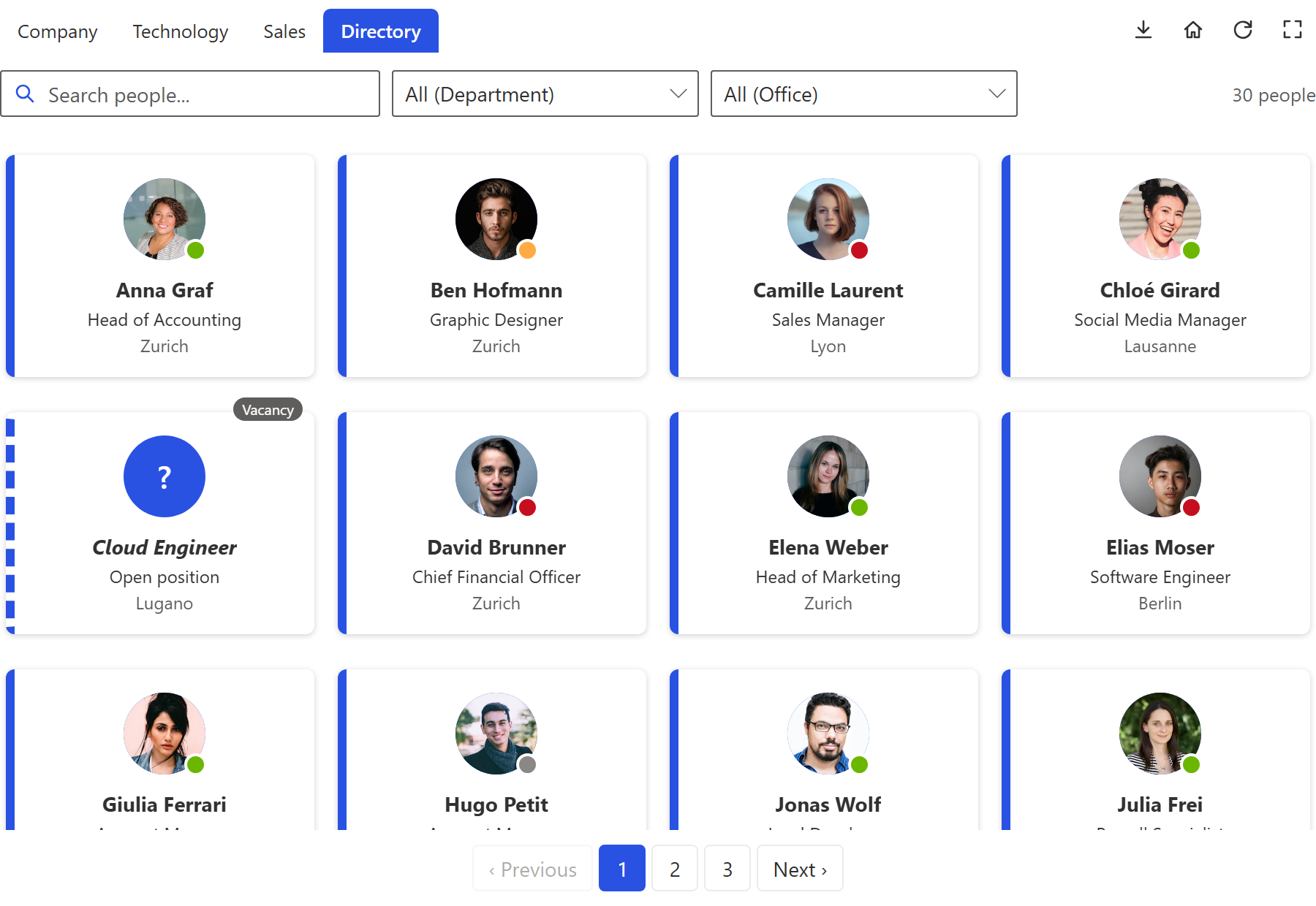 Employee directory with search, department and office filters and person cards